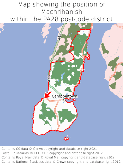 Map showing location of Machrihanish within PA28