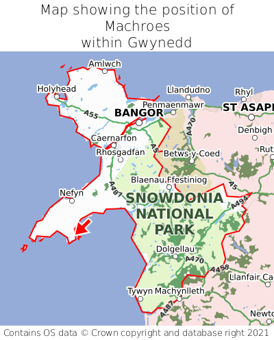 Map showing location of Machroes within Gwynedd