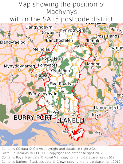 Map showing location of Machynys within SA15