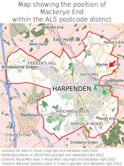 Map showing location of Mackerye End within AL5