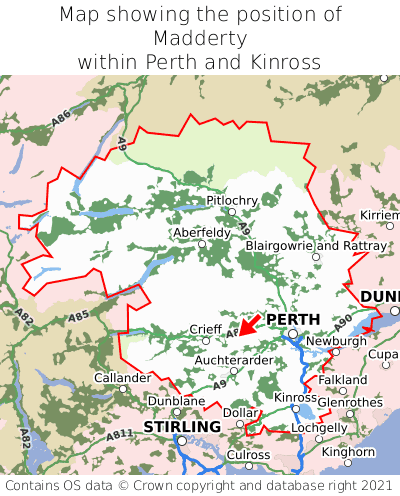 Map showing location of Madderty within Perth and Kinross