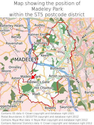 Map showing location of Madeley Park within ST5
