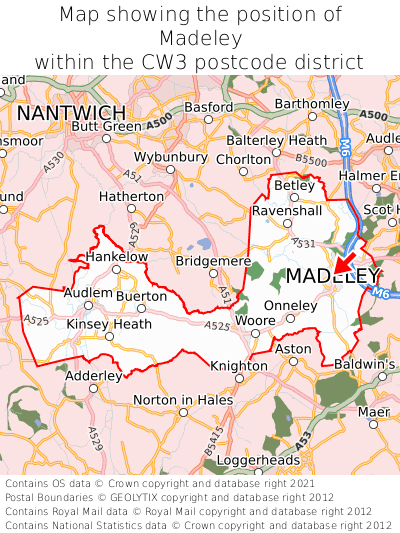 Map showing location of Madeley within CW3