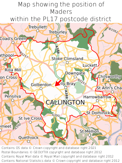 Map showing location of Maders within PL17