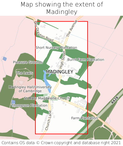Map showing extent of Madingley as bounding box