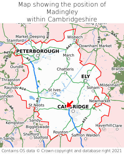 Map showing location of Madingley within Cambridgeshire