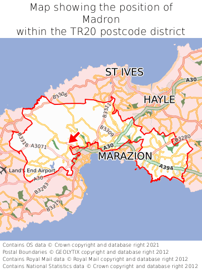 Map showing location of Madron within TR20