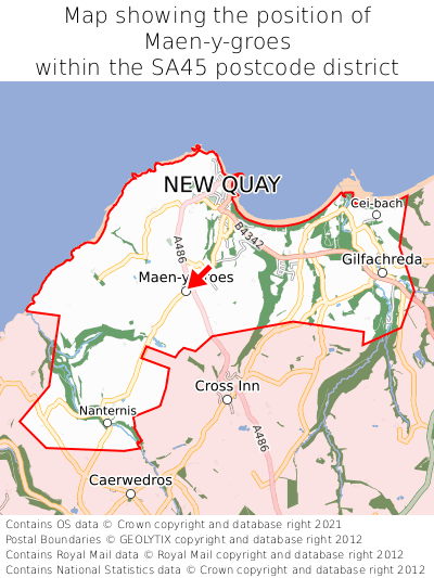 Map showing location of Maen-y-groes within SA45