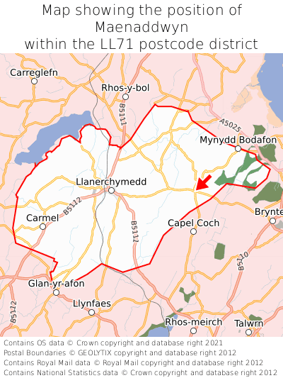 Map showing location of Maenaddwyn within LL71