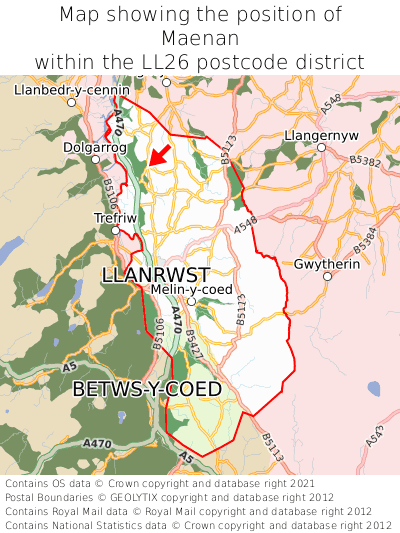 Map showing location of Maenan within LL26