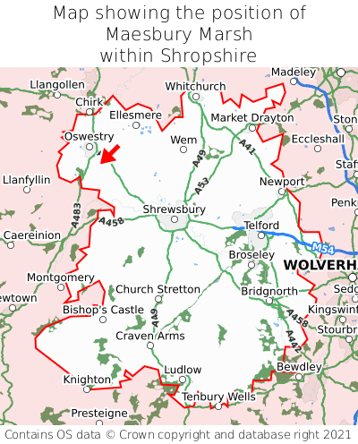 Map showing location of Maesbury Marsh within Shropshire