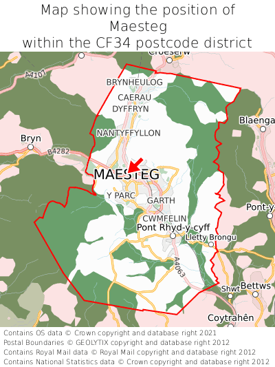 Map showing location of Maesteg within CF34