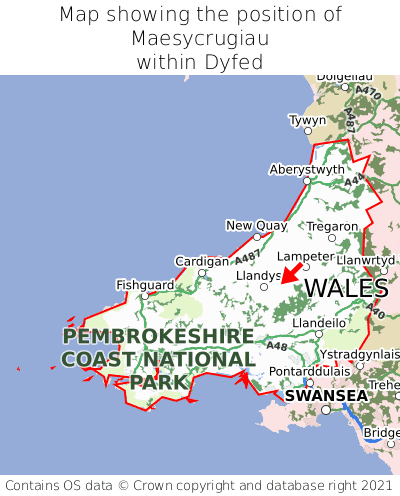 Map showing location of Maesycrugiau within Dyfed