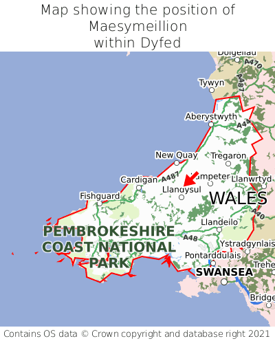 Map showing location of Maesymeillion within Dyfed