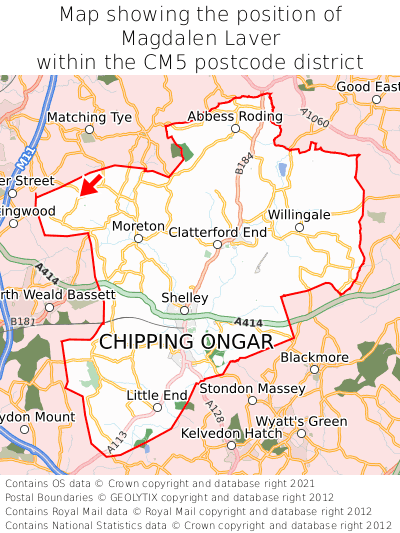 Map showing location of Magdalen Laver within CM5