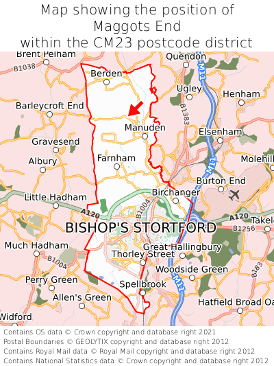 Map showing location of Maggots End within CM23