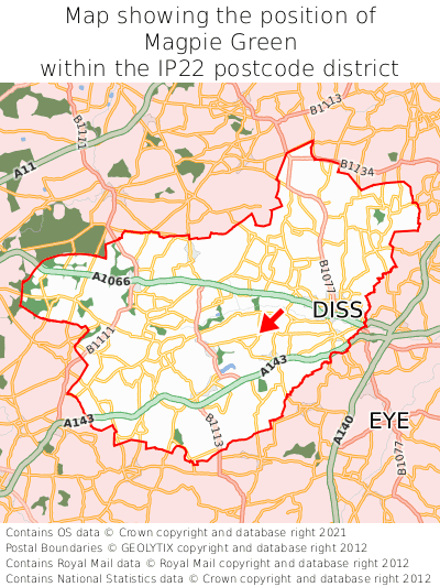 Map showing location of Magpie Green within IP22