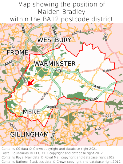 Map showing location of Maiden Bradley within BA12