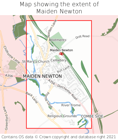 Map showing extent of Maiden Newton as bounding box