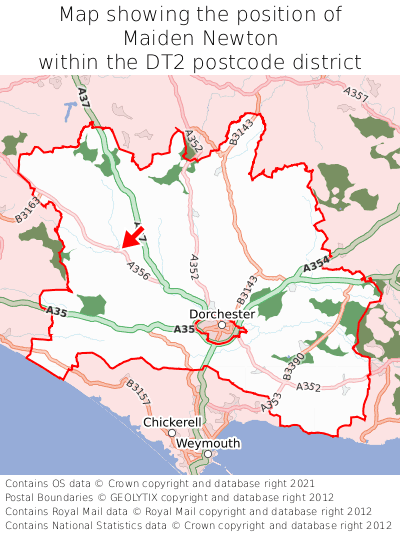 Map showing location of Maiden Newton within DT2