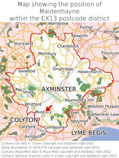 Map showing location of Maidenhayne within EX13