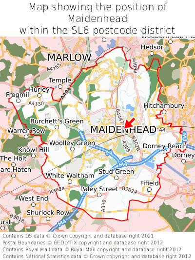 Map showing location of Maidenhead within SL6