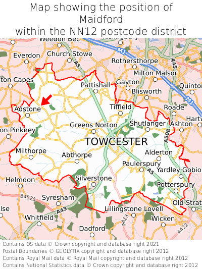 Map showing location of Maidford within NN12