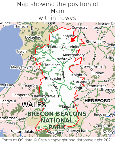 Map showing location of Main within Powys