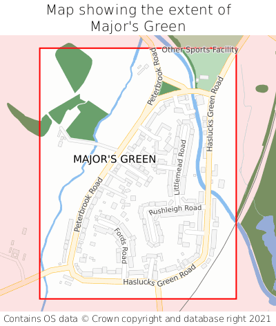 Map showing extent of Major's Green as bounding box