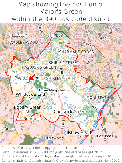 Map showing location of Major's Green within B90