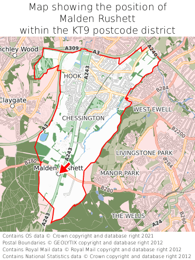 Map showing location of Malden Rushett within KT9