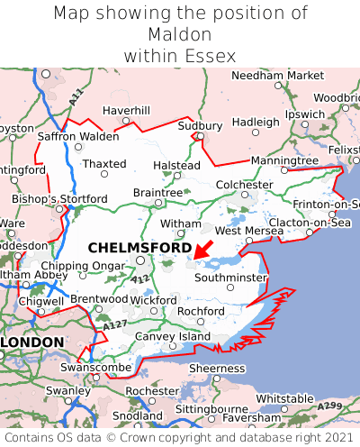 Map showing location of Maldon within Essex