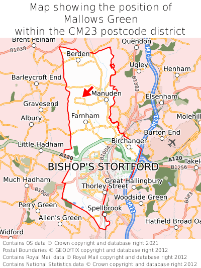 Map showing location of Mallows Green within CM23