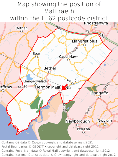 Map showing location of Malltraeth within LL62