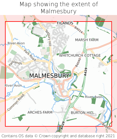 Map showing extent of Malmesbury as bounding box