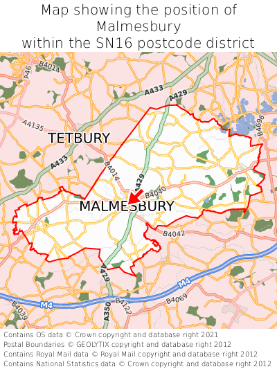 Map showing location of Malmesbury within SN16