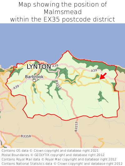 Map showing location of Malmsmead within EX35