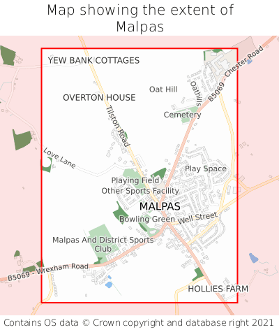 Map showing extent of Malpas as bounding box