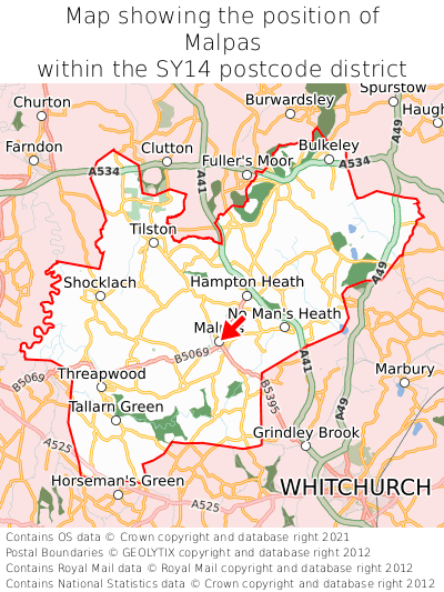 Map showing location of Malpas within SY14