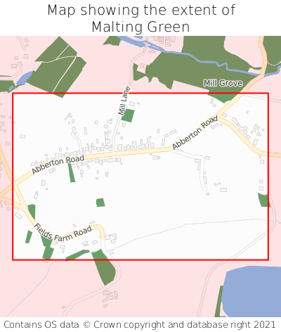Map showing extent of Malting Green as bounding box