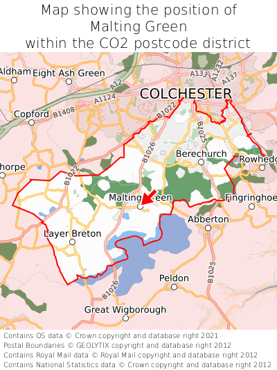 Map showing location of Malting Green within CO2