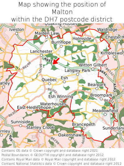 Map showing location of Malton within DH7