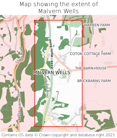 Map showing extent of Malvern Wells as bounding box