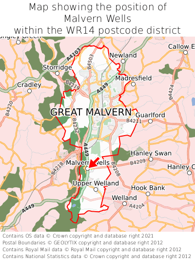 Map showing location of Malvern Wells within WR14