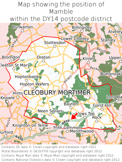 Map showing location of Mamble within DY14