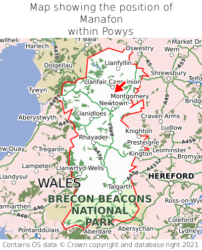 Map showing location of Manafon within Powys