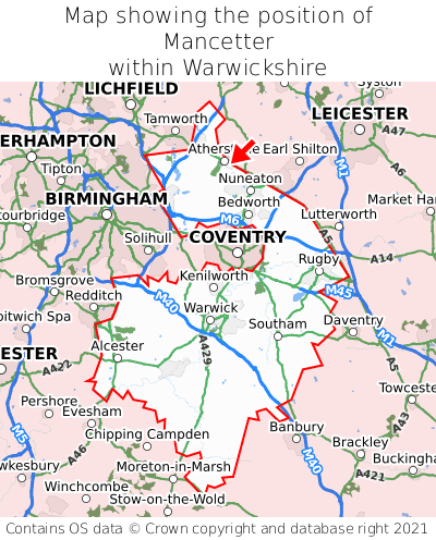Map showing location of Mancetter within Warwickshire
