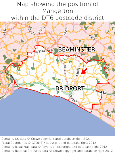 Map showing location of Mangerton within DT6