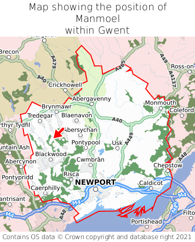 Map showing location of Manmoel within Gwent
