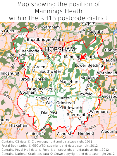 Map showing location of Mannings Heath within RH13